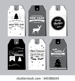 Collection of Christmas and New Year gift tags. Calligraphy and typography greetings for pressents. Vintage label, emblems and other decorative elements. Retro invitation. 