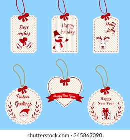 Collection of Christmas and New Year gift tags with Christmas bell, snowman, reindeer, santa, heart and gift.