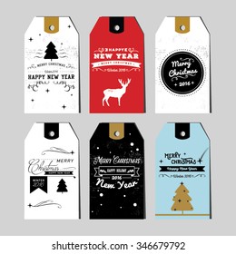 Collection of Christmas and New Year gift tags. Calligraphy and typography greetings for presrnts. Vintage label, emblems and other decorative elements. Retro invitation. 