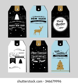 Collection of Christmas and New Year gift tags. Calligraphy and typography greetings for presrnts. Vintage label, emblems and other decorative elements. Retro invitation. 