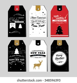 Collection of Christmas and New Year gift tags. Calligraphy and typography greetings for presrnts. Vintage label, emblems and other decorative elements. Retro invitation. 