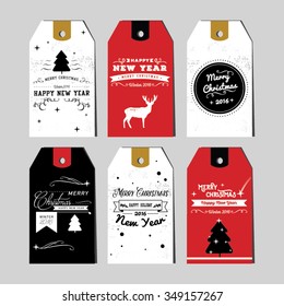 Collection of Christmas and New Year gift tags. Calligraphy and typography greetings for presents. Vintage label, emblems and other decorative elements. Retro invitation. 