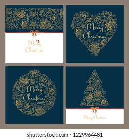 Collection of Christmas and New Year golden cards with Christmas decorations and present. Vector hand drawn illustration.