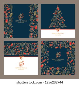 Collection of Christmas and New Year golden cards with Christmas decorations and holiday tree. Vector hand drawn illustration