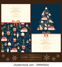 Collection of Christmas and New Year golden cards with Christmas decorations, Christmas tree and present. Vector hand drawn illustration