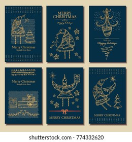 Collection of Christmas and New Year golden cards with Christmas decorations, birds and present. Vector hand drawn illustration