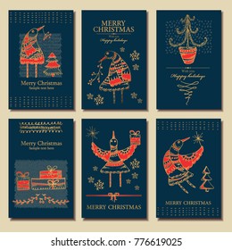 Collection of Christmas and New Year golden cards with Christmas decorations, birds and present. Vector hand drawn illustration