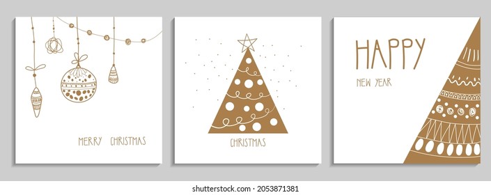 Collection of Christmas and New Year Greeting card. Christmas tree decorations and text Marry Christmas, text Christmas and Happy New Year