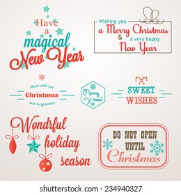 Collection of Christmas and New Year greeting phrases and elements. Perfect for bages, labels, holiday invitations and greeting cards. Winter Illustrations