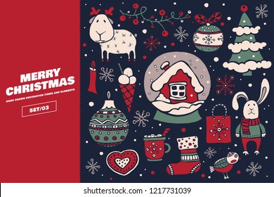Collection of Christmas and New Year holiday elements. Large set of decorative holiday symbols: Christmas decorations, snow-covered house, cartoon hare and deer. Festive seasonal vector illustration.