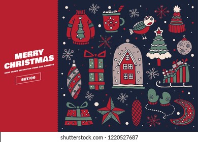 Collection of Christmas and New Year holiday elements. A large set of decorative holiday symbols: knitted hat, sweater, mittens, gift, snow-covered house. Festive seasonal vector illustration.