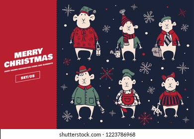 Collection of Christmas and New Year holiday elements. A large set of decorative cartoon hand drawn mice in various costumes. Festive seasonal vector illustration.