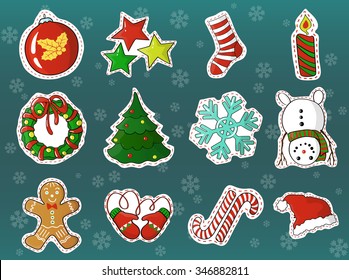 collection of christmas and new year holidays sticker label decorations cartoon style vector postcard template