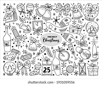 Collection of Christmas and New Year illustrations. Elements are drawn in doodle style with outline for holiday card, gift tag, label, sticker, banner, poster, postcard. Vector.