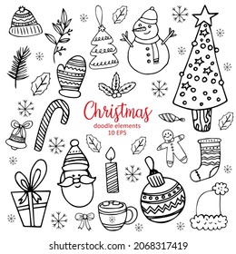 Collection of Christmas and New Year illustrations. Elements are drawn in doodle style with outline for holiday card, gift tag, label, sticker, banner, poster, postcard. Vector.