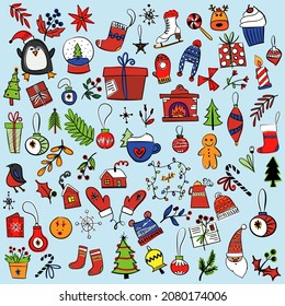 Collection of Christmas and New Year illustrations. Elements are drawn in doodle style with outline for holiday card, gift tag, label, sticker, banner, poster, postcard. Vector.