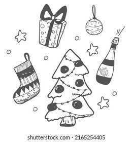Collection of Christmas and New Year illustrations. Elements are drawn in doodle style with outline for holiday card, gift tag, label, sticker, banner, poster, postcard. Vector.