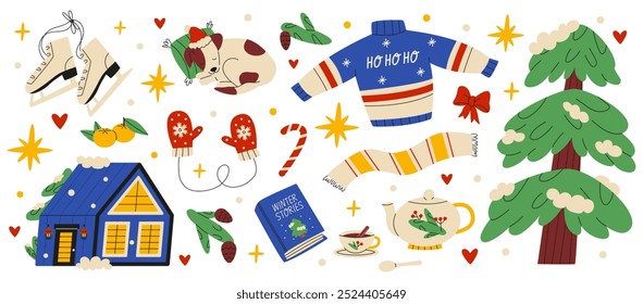 Collection of Christmas and New Year items. Cozy winter objects set. Flat vector illustration isolated on white background.