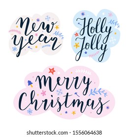 Collection of christmas and new year lettering ready compositions for greeting cards, posters or banners. Set or pre-made compositions with doodles and hand drawn illustrations for ready card design. 