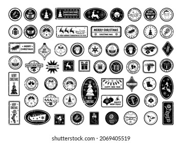 Collection of Christmas and New Year logos in black and white retro style.
