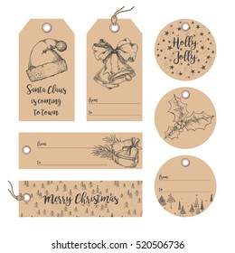 Collection of Christmas, New Year, Noel gift tags, badges, labels template. Set of gift paper tags with hand drawn holidays graphic sketch elements