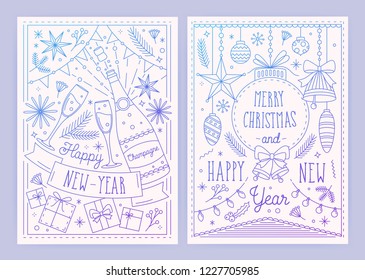 Collection of Christmas and New Year postcard templates with festive decorations drawn in linear style - ribbons, baubles, champagne bottle and glasses, garlands. Monochrome vector illustration.