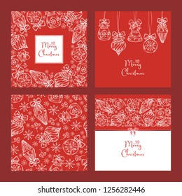 Collection of Christmas and New Year seamless pattern and cards with Christmas decorations. Vector hand drawn illustration.