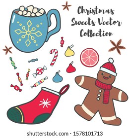 Collection of Christmas and New Year sweets decor elements: hot cocoa with marshmallow, clementine, cookie men, socks, candy's. Hand drawn Vector illustration.