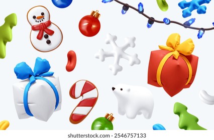 Collection of Christmas and New Year themed objects. Set festive decorative design elements for Xmas in realistic 3d cartoon style. Holiday ornament isolated on white background. vector illustration