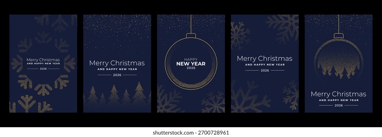 Collection of christmas and New Year vector cards with glitter golden design elements on a dark blue background for holiday greetings.