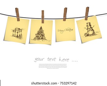 collection of christmas note hanged on rope with clothes peg 