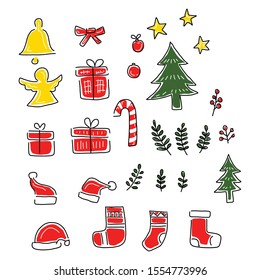 Collection of Christmas object. Hand drawn of Christmas decoration. Isolated vector.