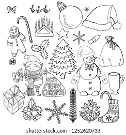 collection of christmas objects and characters isolated on white background