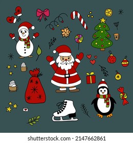 collection of christmas objects and characters isolated on white background
