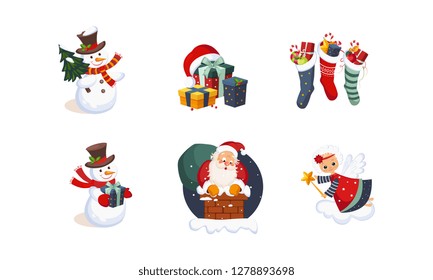 Collection of Christmas objects, cute bright New Year holiday decoration elements vector Illustration