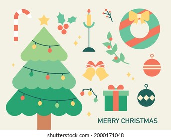 Collection of Christmas objects. flat design style minimal vector illustration.