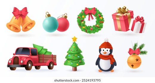 Collection of Christmas objects and symbols in 3d style. Christmas design elements isolated on white - decorations, tree, cute character, red truck, etc. Vector illustration.