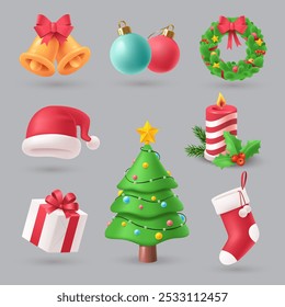 Collection of Christmas objects and symbols in 3d style. Christmas and New Year's Eve design elements - decorations, tree, gift box, candle, etc. Vector illustration.