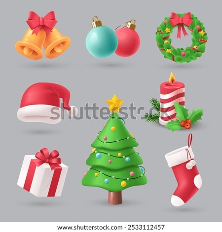 Collection of Christmas objects and symbols in 3d style. Christmas and New Year's Eve design elements - decorations, tree, gift box, candle, etc. Vector illustration.