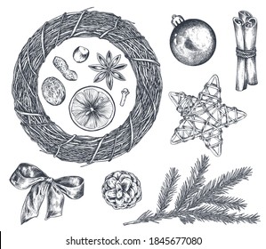 Collection of Christmas objects - wreath, star, spruce branch and cinnamon. Black and white hand drawn graphic sketch vector illustration.