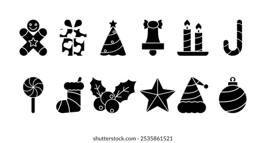 Collection of Christmas ornament icons such as gift icons, stars, lollipops, Christmas trees, Santa hats, berries, socks. simple silhouette design