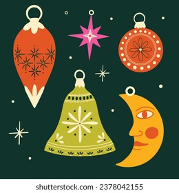 Collection of Christmas ornaments, Christmas baubles vector illustration set, Xmas holiday decorations, Christmas balls
