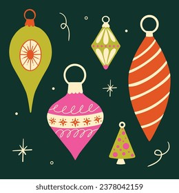 Collection of Christmas ornaments, Christmas baubles vector illustration set, Xmas holiday decorations, Christmas balls