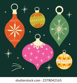 Collection of Christmas ornaments, Christmas baubles vector illustration set, Xmas holiday decorations, Christmas balls