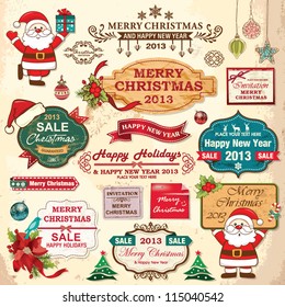 Collection of christmas ornaments and decorative elements, vintage frames, labels, stickers