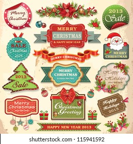 Collection of christmas ornaments and decorative elements, vintage frames, labels, stickers and ribbons