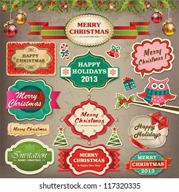 Collection of christmas ornaments and decorative elements, vintage frames, labels, stickers and ribbons