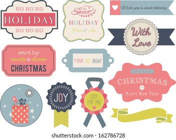 Collection of christmas ornaments and decorative elements, vintage frames, labels, tags, stickers and ribbons.