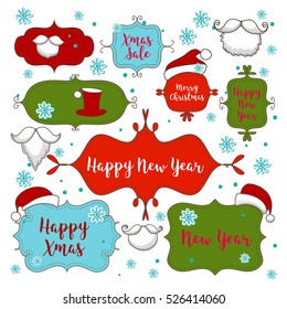 Collection of christmas ornaments and decorative elements, vintage frames, labels, stickers with beard, moustaches and Santa hats. Vector illustration