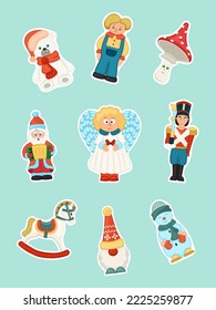 Collection of Christmas ornaments, stickers of Christmas toys, holiday decorations. Vector illustration in the style of flat cartoon.